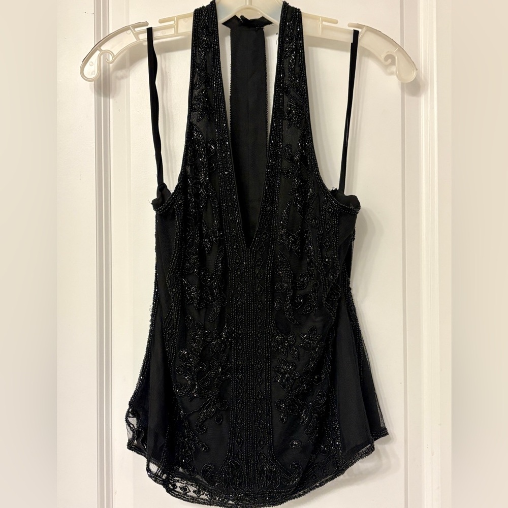Polo Ralph Lauren Elegant Black Lace Beaded V Neck Women's Top